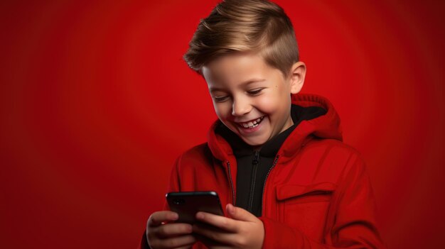 Un niño sonriente con un teléfono celular sobre un fondo de color.