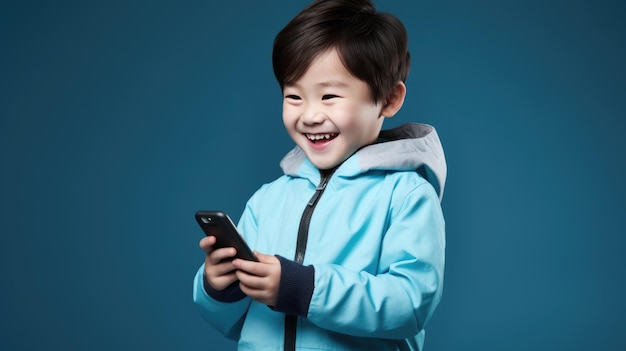 Un niño sonriente con un teléfono celular sobre un fondo de color.