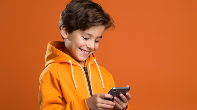 Un niño sonriente con un teléfono celular sobre un fondo de color.