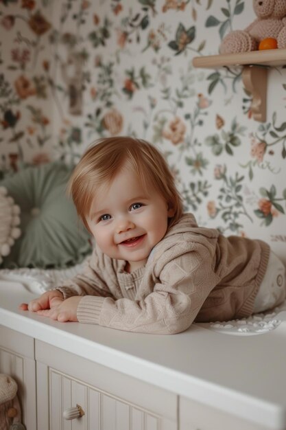 Niño sonriente tendido en la mesa de cambiarse