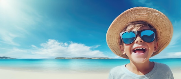 Niño sonriente en tonos azules y sombrero disfruta de vacaciones de verano junto al mar