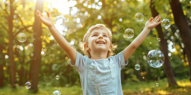 niño soplando burbujas de jabón en la naturaleza IA generativa