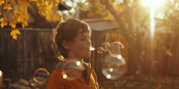 niño soplando burbujas de jabón en la naturaleza IA generativa