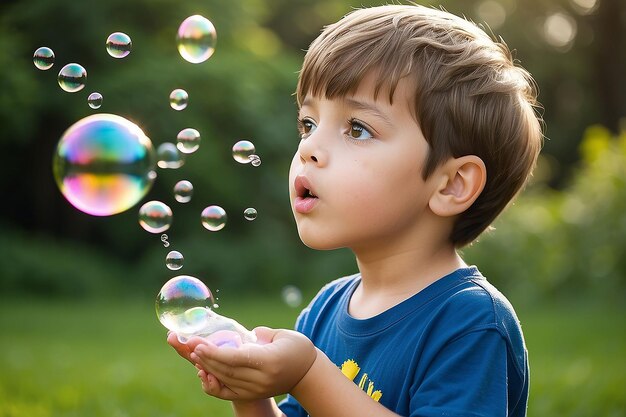 Foto niño soplando burbujas de jabón