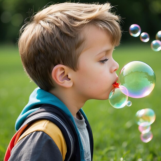 Foto niño soplando burbujas de jabón