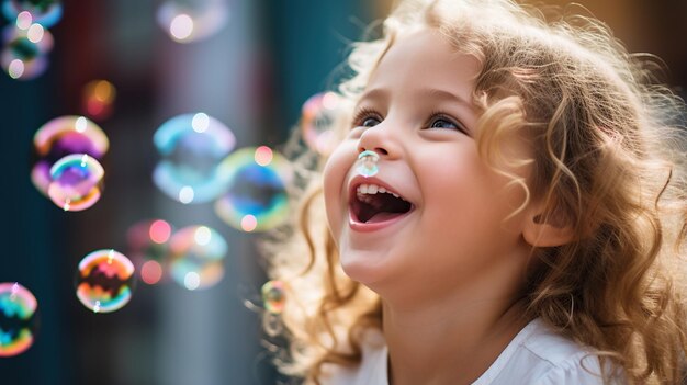 Un niño soplando burbujas y riendo de alegría sobre un fondo colorido