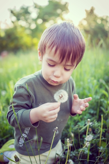 Niño soplando la flor del diente de león