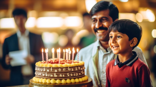 Niño soplando las velas del pastel de cumpleaños con su familia
