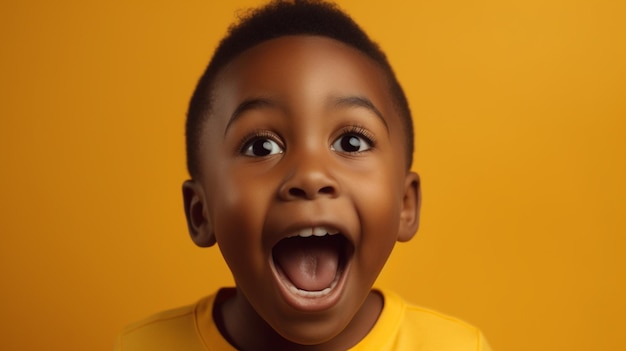 Un niño sorprendido alegre con los ojos muy abiertos y una sonrisa radiante en el ai generativo de fondo amarillo