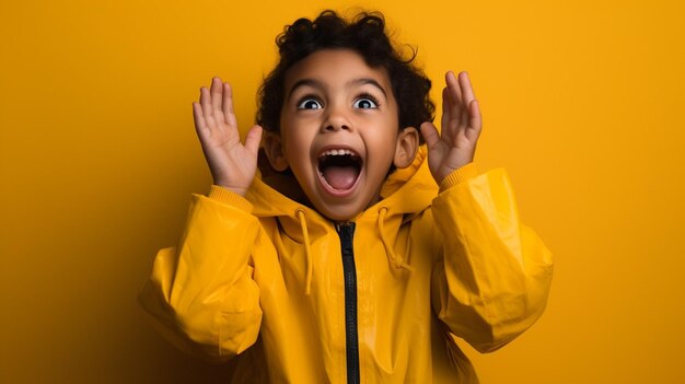 Un niño sorprendido alegre con los ojos muy abiertos y una sonrisa radiante en el ai generativo de fondo amarillo