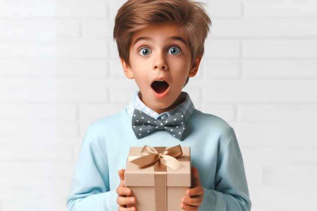 Niño sorprendido con una caja de regalos sobre un fondo blanco