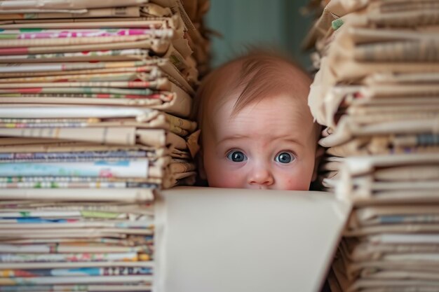 Un niño sorprendido se esconde detrás de pilas de libros