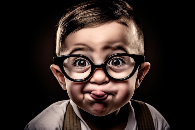 Un niño sorprendido con gafas hace una extraña expresión de satisfacción, ojos grandes y boca abierta.