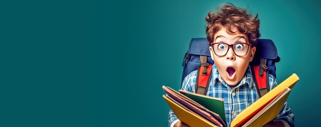 niño sorprendido con gafas con mochila leyendo un libro sobre fondo azul Regreso a la escuela