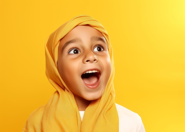 niño sorprendido mirando el fondo amarillo con las manos y las gafas