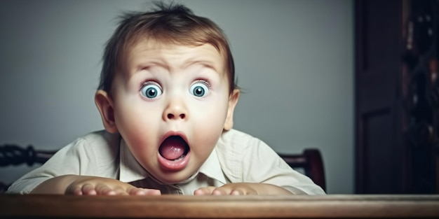 Niño sorprendido sentado en la mesa Los ojos del niño se abrieron