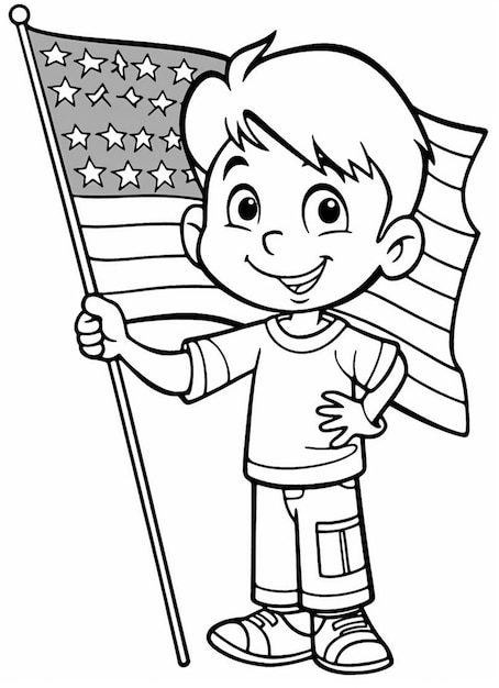 un niño sosteniendo una bandera americana para colorear página generativa ai