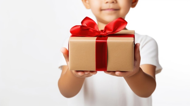 Niño sosteniendo una caja de regalo con una cinta roja sobre un fondo blanco.