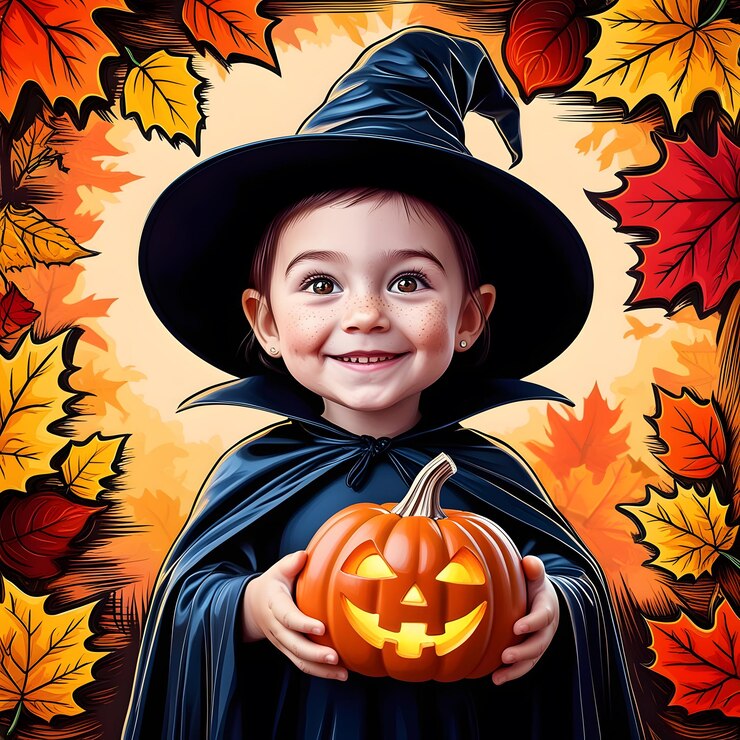 un niño sosteniendo una calabaza con una calabaca en ella