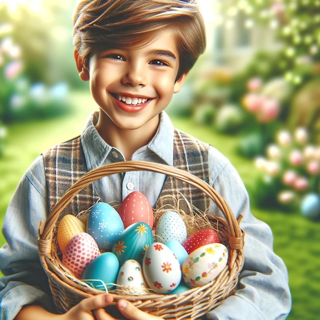 Foto un niño sosteniendo una canasta de huevos de pascua con una cara sonriente