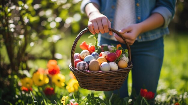 Niño sosteniendo una canasta de huevos de Pascua coloridos en un jardín soleado cazando huevos