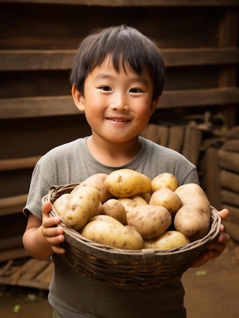 un niño sosteniendo una canasta de patatas