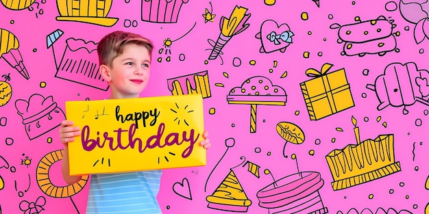 un niño sosteniendo un cartel amarillo que dice feliz cumpleaños