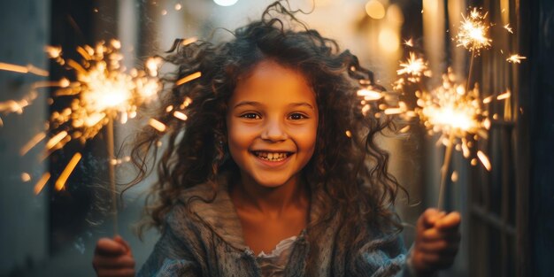 Foto un niño sosteniendo chispas en sus manos ia generativa