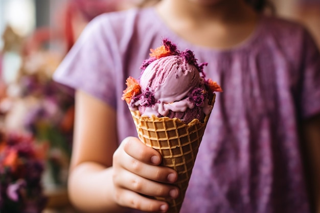 Foto niño sosteniendo un cono de helado con una cuchara de helado de lavanda artesanal earl grey