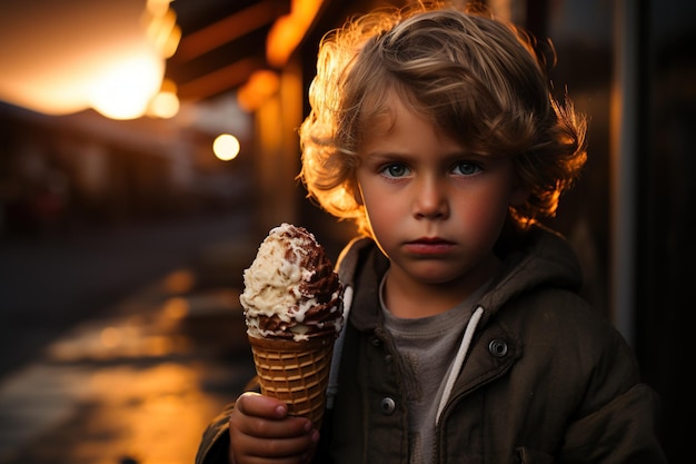 Niño sosteniendo un cono de helado