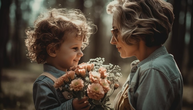 Niño sosteniendo flores abrazando a su madre y celebrando el día de la madre IA generativa