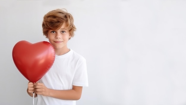 Niño sosteniendo un globo en forma de corazón sobre un fondo blanco aislado en blanco