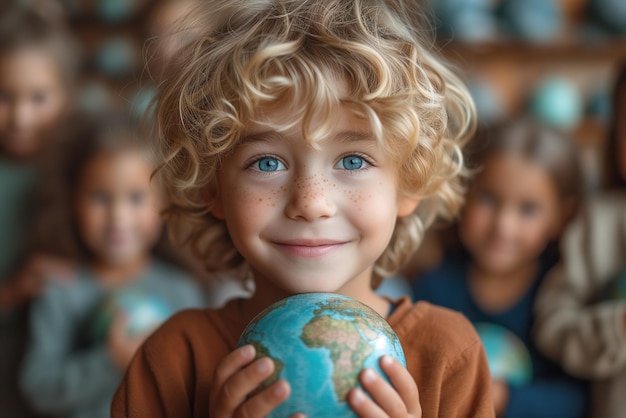 Niño sosteniendo el globo del planeta Tierra escuela y educación medio ambiente y ecología lección de geografía.