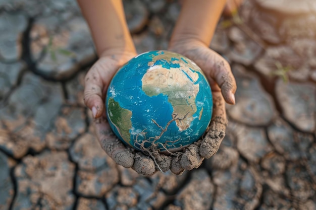 Foto niño sosteniendo un globo terrestre agrietado en un terreno seco que simboliza la preocupación por el medio ambiente