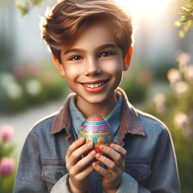 Foto un niño sosteniendo un huevo de pascua con una imagen de un niño sonriente