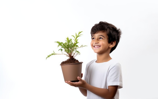 Foto niño sosteniendo una maceta aislada sobre un fondo transparente