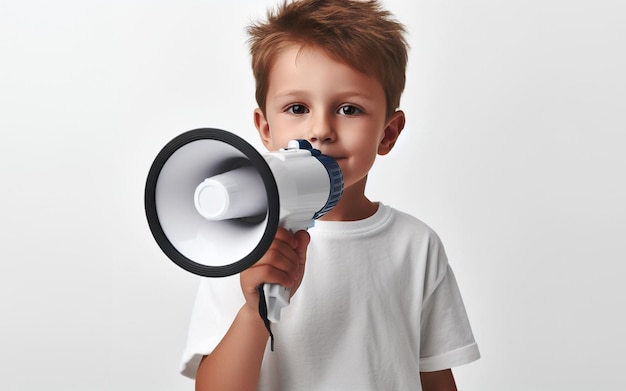 niño sosteniendo un megáfono fondo blanco niño gritando en el megáfona hombre blanco mostrando ira