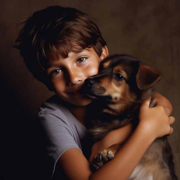 Foto un niño sosteniendo un perro y un perro marrón.