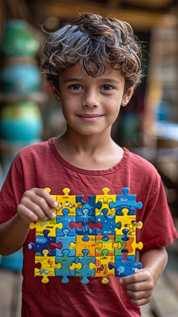 Foto niño sosteniendo una pieza de rompecabezas con una camisa roja en generativo ai