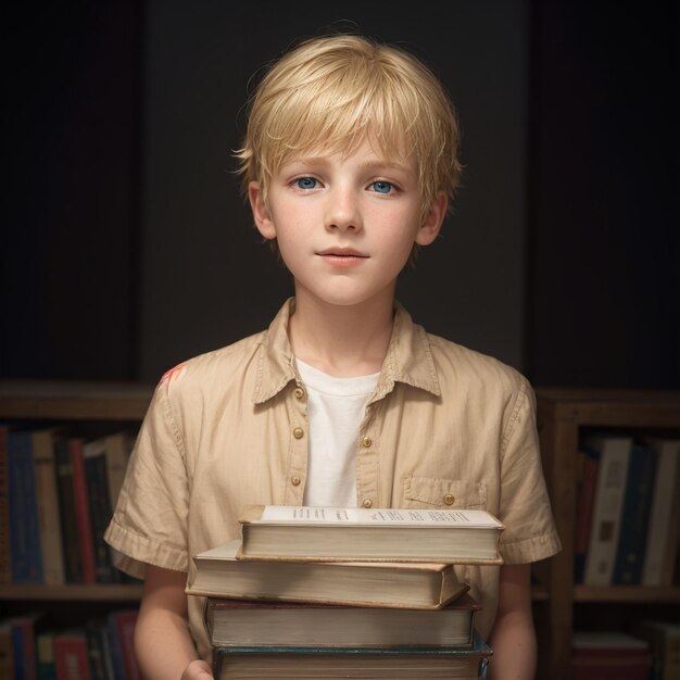 un niño sosteniendo una pila de libros con la palabra " en él.