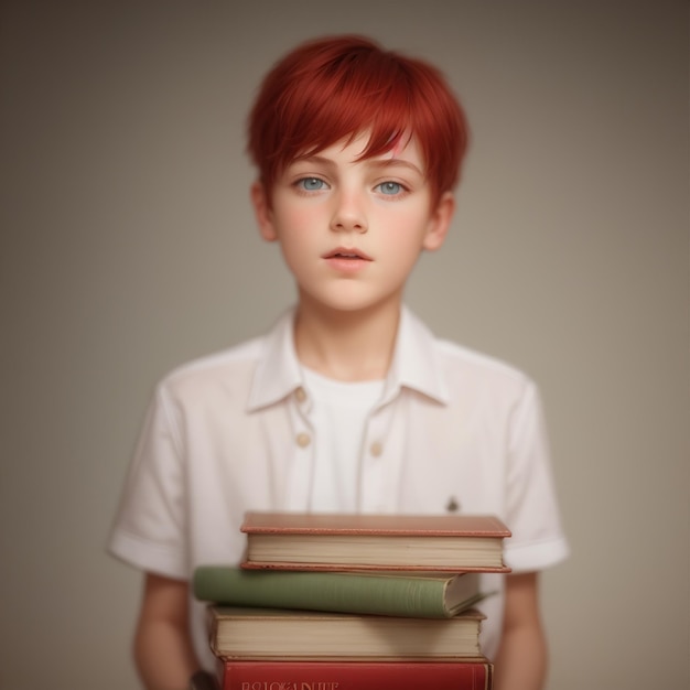 un niño sosteniendo una pila de libros con las palabras " el rojo " en el frente.