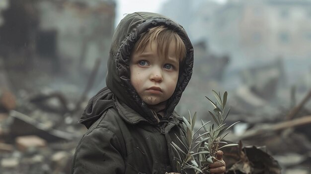 Niño sosteniendo una rama de olivo en medio de las ruinas de una ciudad destruida Símbolo de paz y esperanza Generado por IA