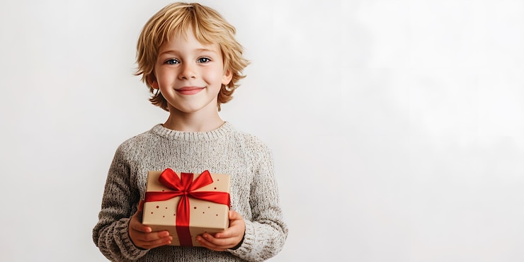 un niño sosteniendo un regalo con un arco rojo en la mano