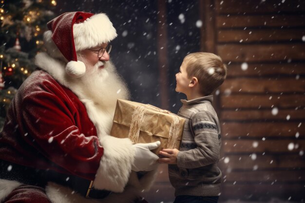 Foto niño sosteniendo un regalo de papá noel cerca del árbol de navidad al aire libre