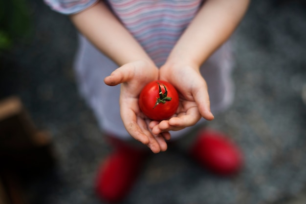 Niño sosteniendo un tomate