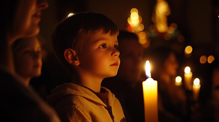 Niño sosteniendo una vela durante una tranquila reunión de la víspera de Navidad con familiares y amigos