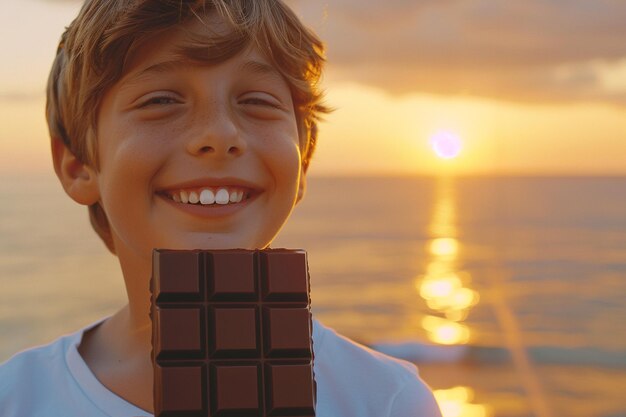 Un niño sostiene una barra de chocolate y sonríe