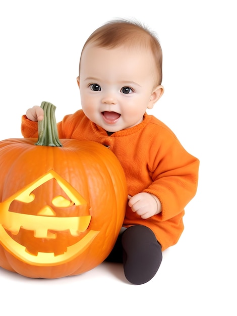 Niño sostiene calabaza Halloween para el feliz festival de Halloween