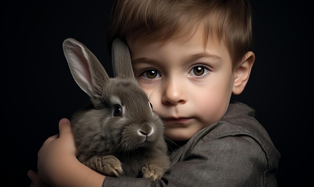 un niño sostiene un conejo y una foto de un conejo