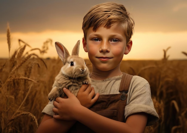 Un niño sostiene un conejo en sus manos.